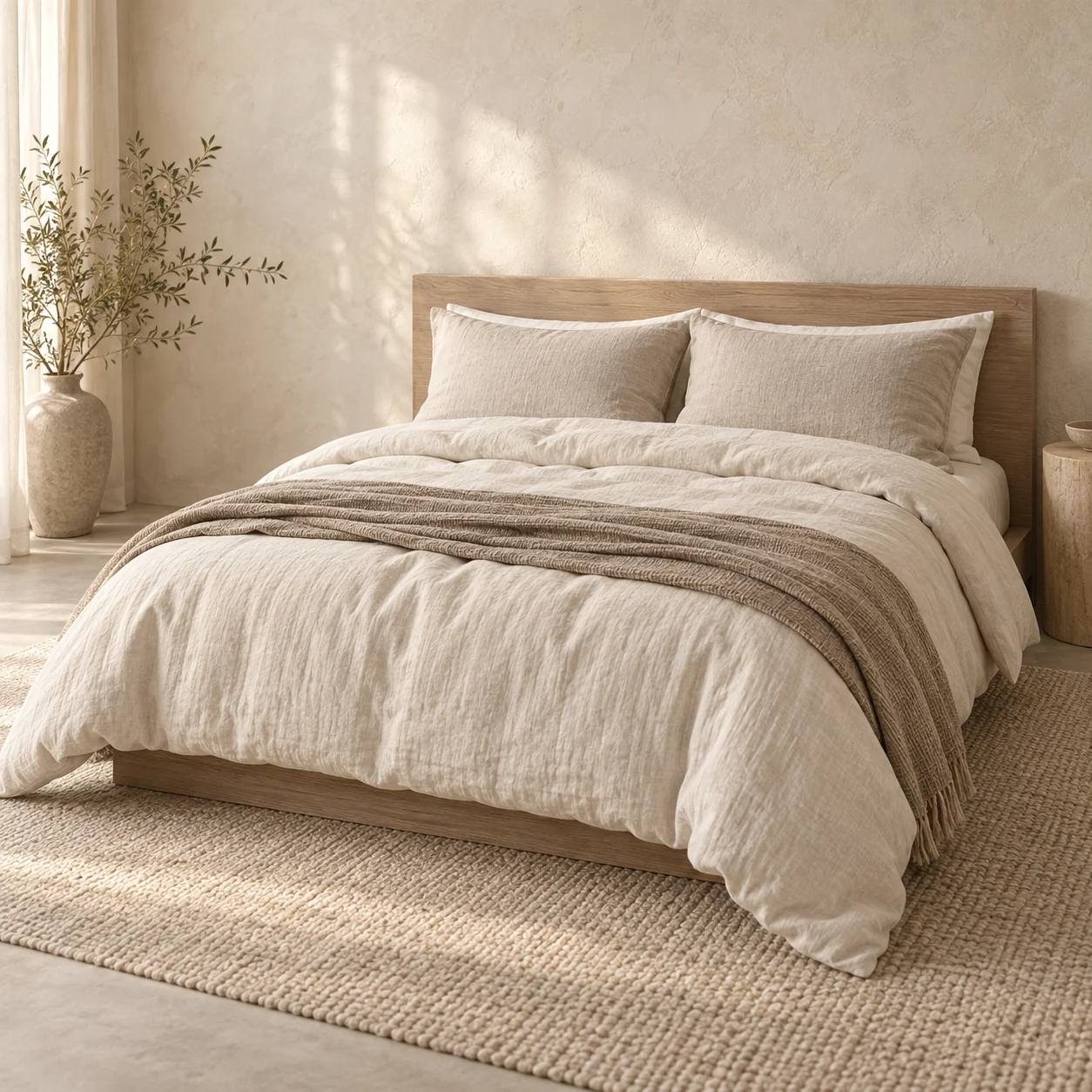 Natural linen bedding in a warm, sunlit bedroom
