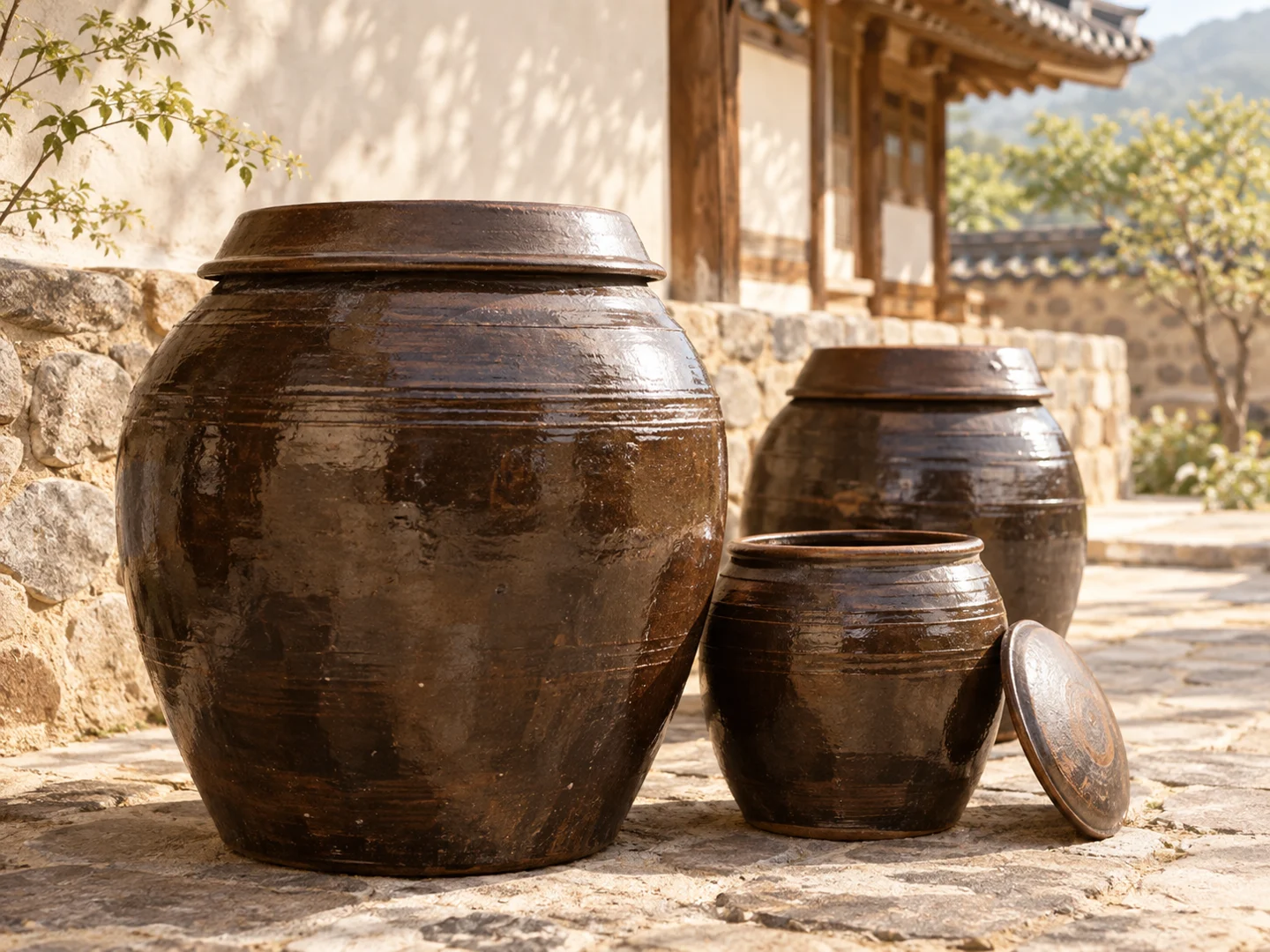 AI-generated concept of traditional Korean onggi fermentation jars in a sunlit courtyard