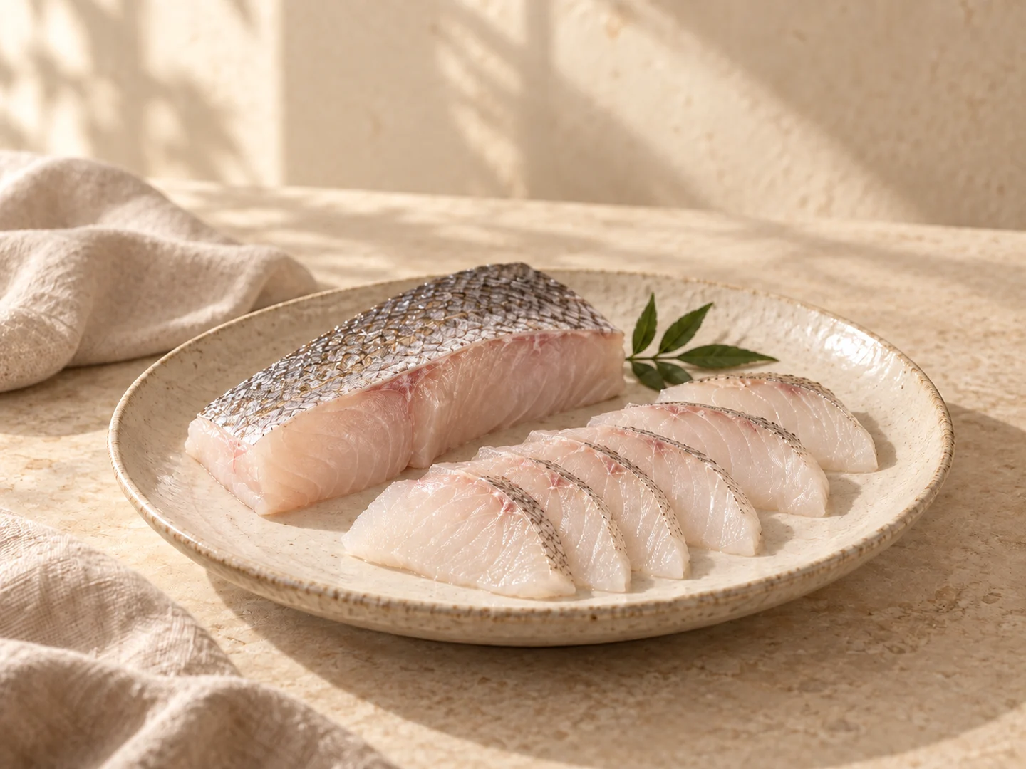 AI-generated product concept showing a skin-on fish loin and white-fish slices