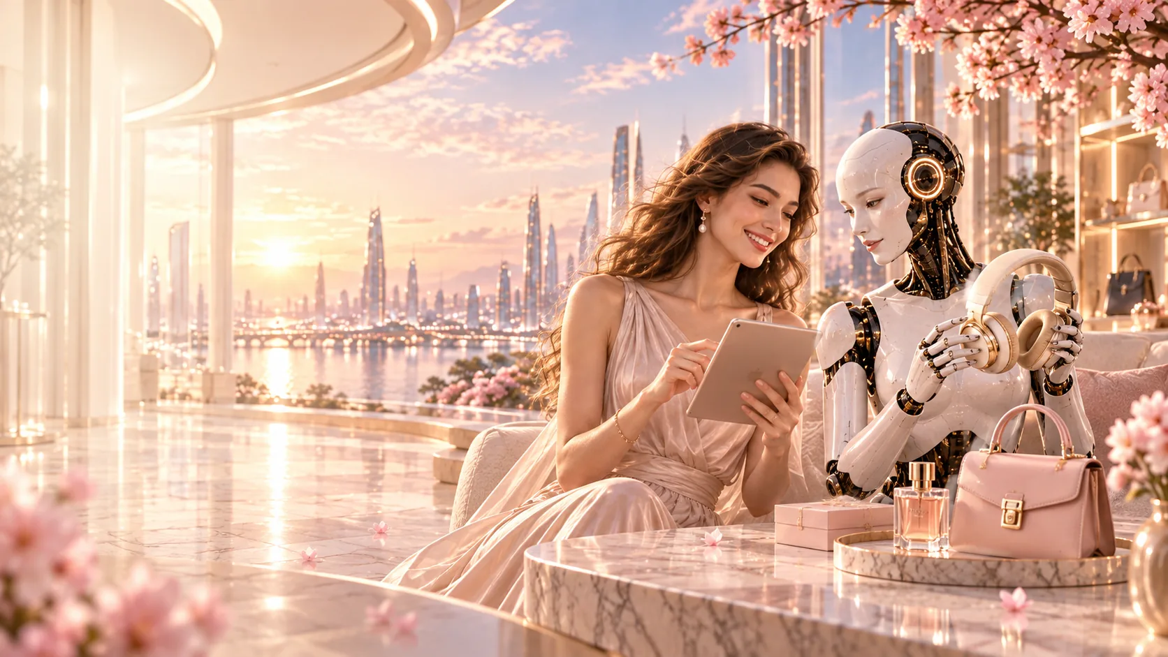 A smiling shopper and an AI companion choosing products together, surrounded by warm light and pink blossoms.