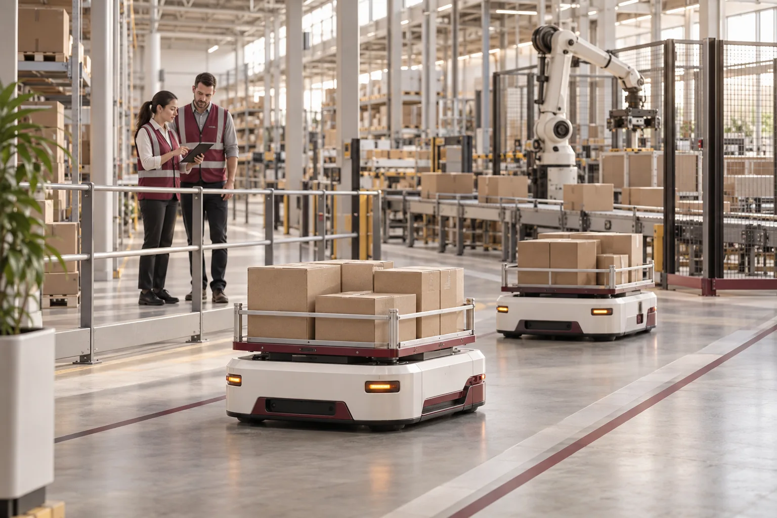 Concept illustration of mobile warehouse robots, two workers behind a guardrail and a robotic arm in a separate work area
